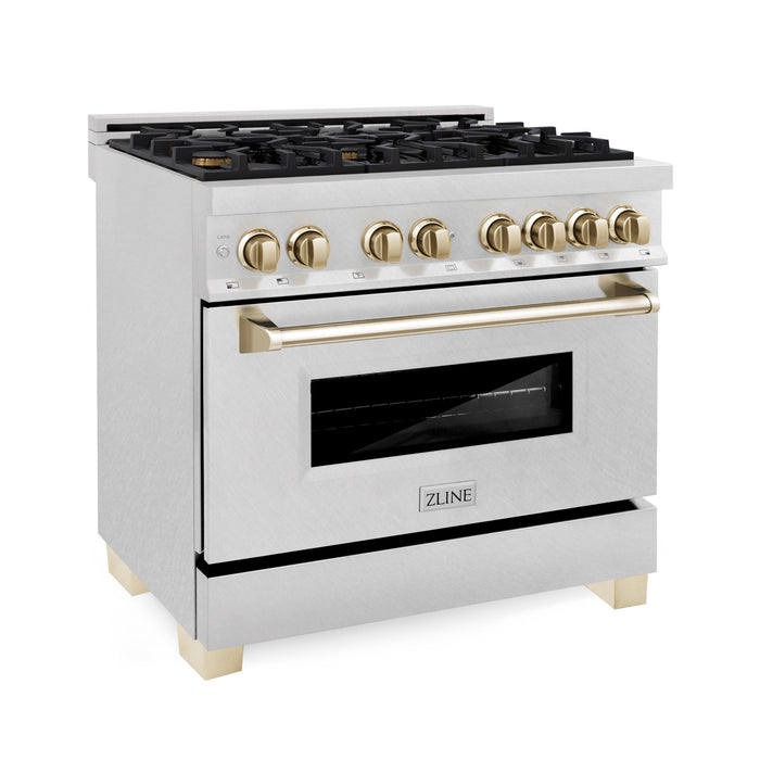 ZLINE Autograph Edition 36 in. 4.6 cu. ft. Dual Fuel Range with Gas Stove and Electric Oven in DuraSnow Stainless Steel with Polished Gold Accents (RASZ-SN-36-G)