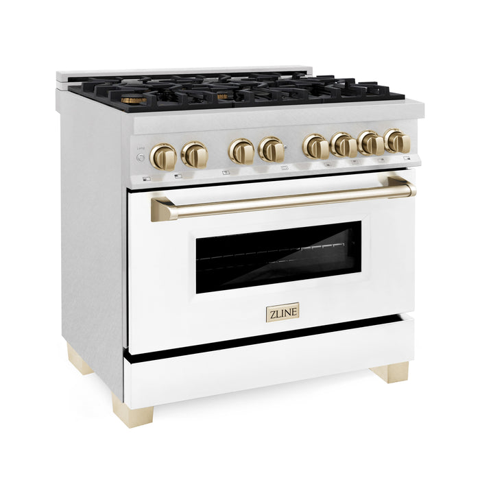 ZLINE Autograph Edition 36 in. 4.6 cu. ft. Dual Fuel Range with Gas Stove and Electric Oven in DuraSnow Stainless Steel with White Matte Door and Polished Gold Accents (RASZ-WM-36-G)