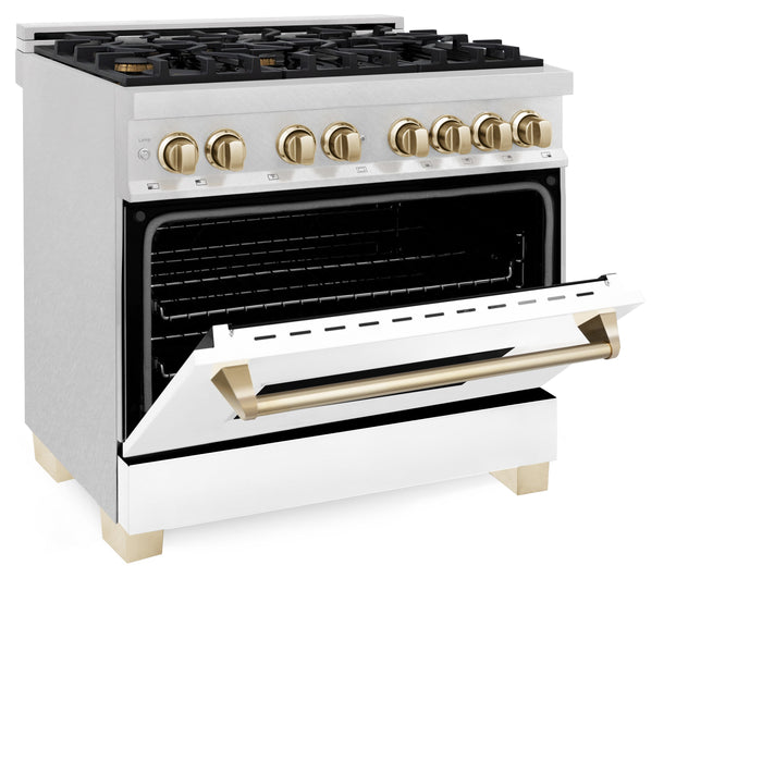 ZLINE Autograph Edition 36 in. 4.6 cu. ft. Dual Fuel Range with Gas Stove and Electric Oven in DuraSnow Stainless Steel with White Matte Door and Polished Gold Accents (RASZ-WM-36-G)