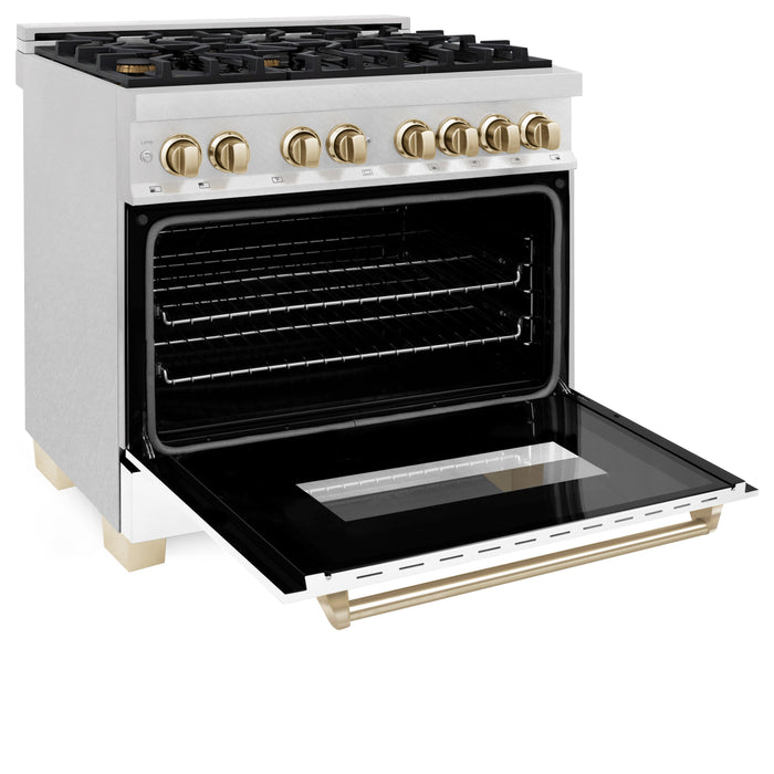 ZLINE Autograph Edition 36 in. 4.6 cu. ft. Dual Fuel Range with Gas Stove and Electric Oven in DuraSnow Stainless Steel with White Matte Door and Polished Gold Accents (RASZ-WM-36-G)