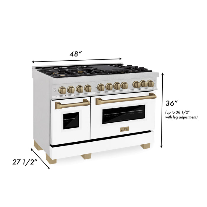 ZLINE Autograph Edition 48 in. 6.0 cu. ft. Dual Fuel Range with Gas Stove and Electric Oven in DuraSnow Stainless Steel with White Matte Door and Champagne Bronze Accents (RASZ-WM-48-CB)