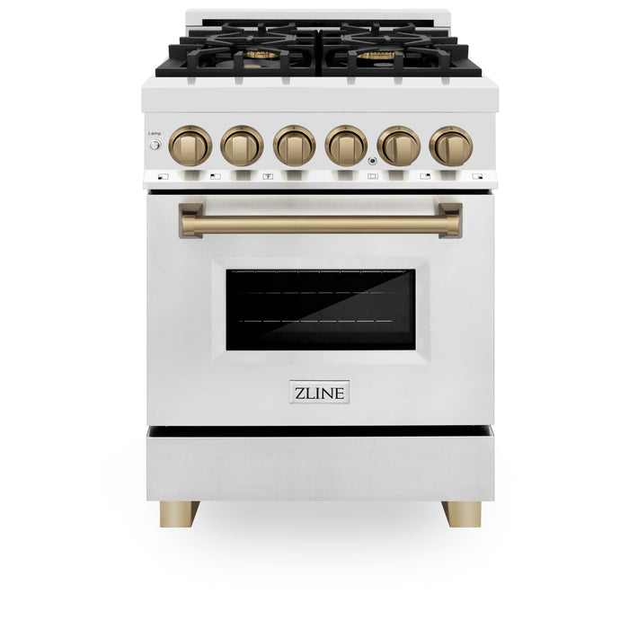 ZLINE Autograph Edition 24 in. 2.8 cu. ft. Dual Fuel Range with Gas Stove and Electric Oven in Stainless Steel with Champagne Bronze Accents (RAZ-24-CB)