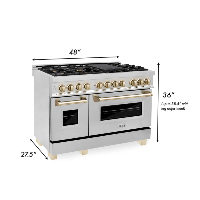 ZLINE Autograph Edition 48 in. 6.0 cu. ft. Dual Fuel Range with Gas Stove and Electric Oven in Stainless Steel with Polished Gold Accents (RAZ-48-G)