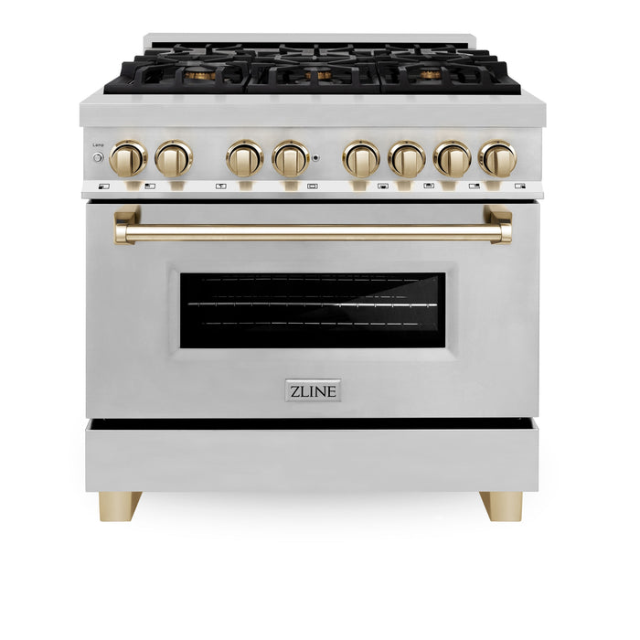 ZLINE Autograph Edition 36 in. 4.6 cu. ft. Dual Fuel Range with Gas Stove and Electric Oven in Stainless Steel with Polished Gold Accents (RAZ-36-G)