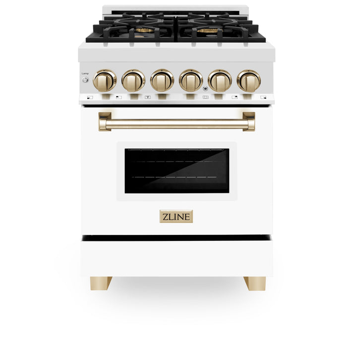 ZLINE Autograph Edition 24 in. 2.8 cu. ft. Dual Fuel Range with Gas Stove and Electric Oven in Stainless Steel with White Matte Door and Polished Gold Accents (RAZ-WM-24-G)