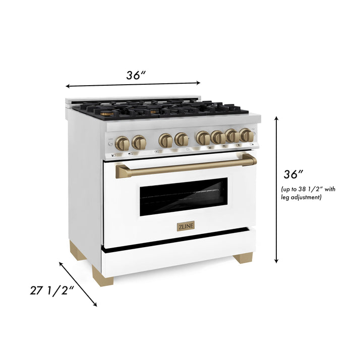 ZLINE 36 in. Autograph Edition Kitchen Package with Stainless Steel Dual Fuel Range with White Matte Door and Range Hood with Champagne Bronze Accents (2AKP-RAWMRH36-CB)