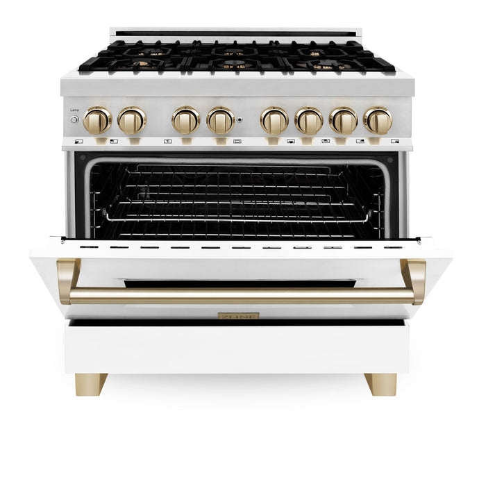 ZLINE Autograph Edition 36 in. 4.6 cu. ft. Dual Fuel Range with Gas Stove and Electric Oven in Stainless Steel with White Matte Door and Polished Gold Accents (RAZ-WM-36-G)