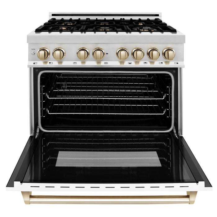 ZLINE Autograph Edition 36 in. 4.6 cu. ft. Dual Fuel Range with Gas Stove and Electric Oven in Stainless Steel with White Matte Door and Polished Gold Accents (RAZ-WM-36-G)