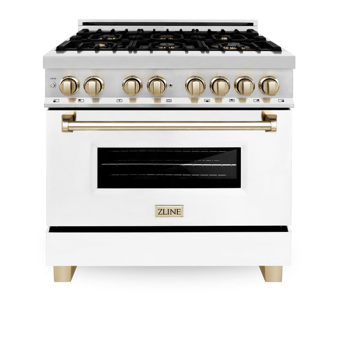 ZLINE Autograph Edition 36 in. 4.6 cu. ft. Dual Fuel Range with Gas Stove and Electric Oven in Stainless Steel with White Matte Door and Polished Gold Accents (RAZ-WM-36-G)