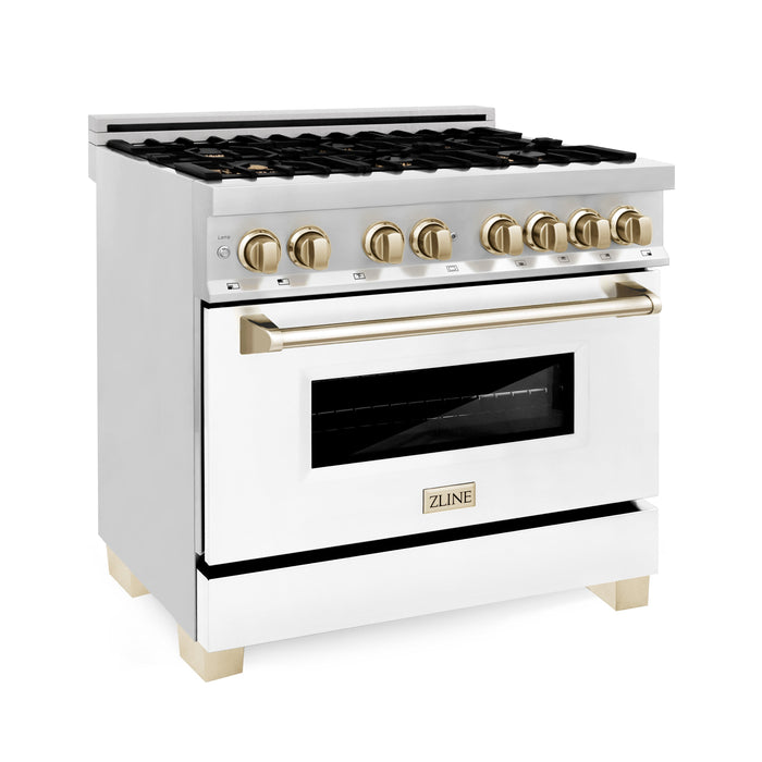 ZLINE Autograph Edition 36 in. 4.6 cu. ft. Dual Fuel Range with Gas Stove and Electric Oven in Stainless Steel with White Matte Door and Polished Gold Accents (RAZ-WM-36-G)