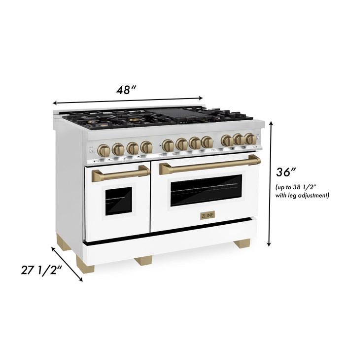 ZLINE Autograph Edition 48 in. 6.0 cu. ft. Dual Fuel Range with Gas Stove and Electric Oven in Stainless Steel with White Matte Door and Champagne Bronze Accents (RAZ-WM-48-CB)