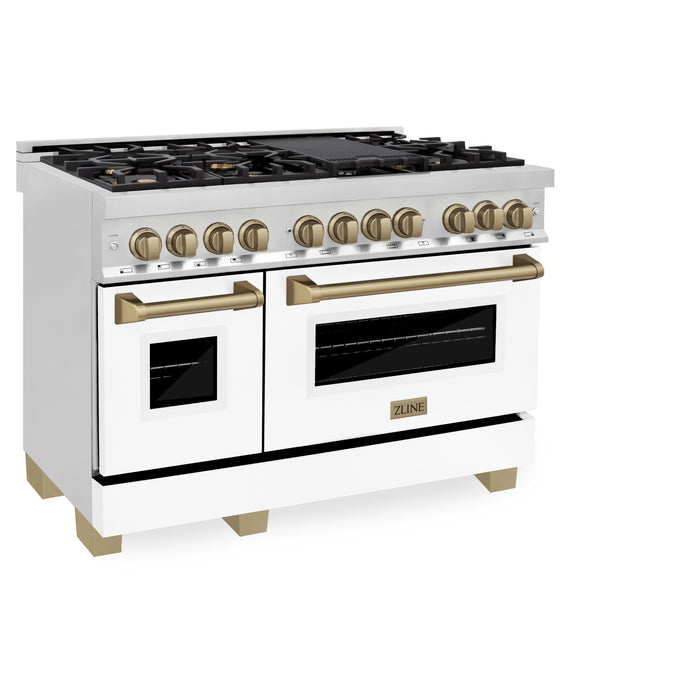 ZLINE Autograph Edition 48 in. 6.0 cu. ft. Dual Fuel Range with Gas Stove and Electric Oven in Stainless Steel with White Matte Door and Champagne Bronze Accents (RAZ-WM-48-CB)