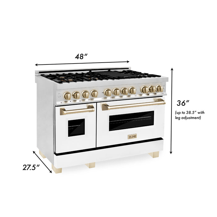 ZLINE 48 in. Autograph Edition Kitchen Package with Stainless Steel Dual Fuel Range with White Matte Door and Range Hood with Polished Gold Accents (2AKP-RAWMRH48-G)