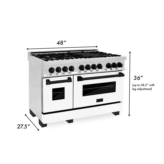 ZLINE 48 in. Autograph Edition Kitchen Package with Stainless Steel Dual Fuel Range with White Matte Door and Range Hood with Matte Black Accents (2AKP-RAWMRH48-MB)