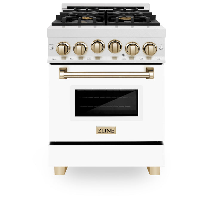 ZLINE Autograph Edition 24 in. 2.8 cu. ft. Range with Gas Stove and Gas Oven in Fingerprint Resistant Stainless Steel with White Matte Door and Polished Gold Accents (RGSZ-WM-24-G)