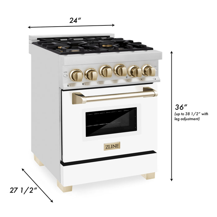 ZLINE Autograph Edition 24 in. 2.8 cu. ft. Range with Gas Stove and Gas Oven in Stainless Steel with White Matte Door and Polished Gold Accents (RGZ-WM-24-G)