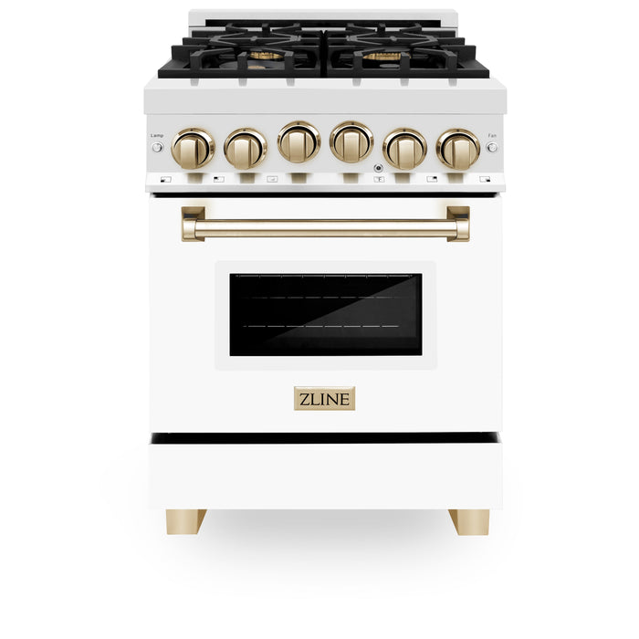 ZLINE Autograph Edition 24 in. 2.8 cu. ft. Range with Gas Stove and Gas Oven in Stainless Steel with White Matte Door and Polished Gold Accents (RGZ-WM-24-G)