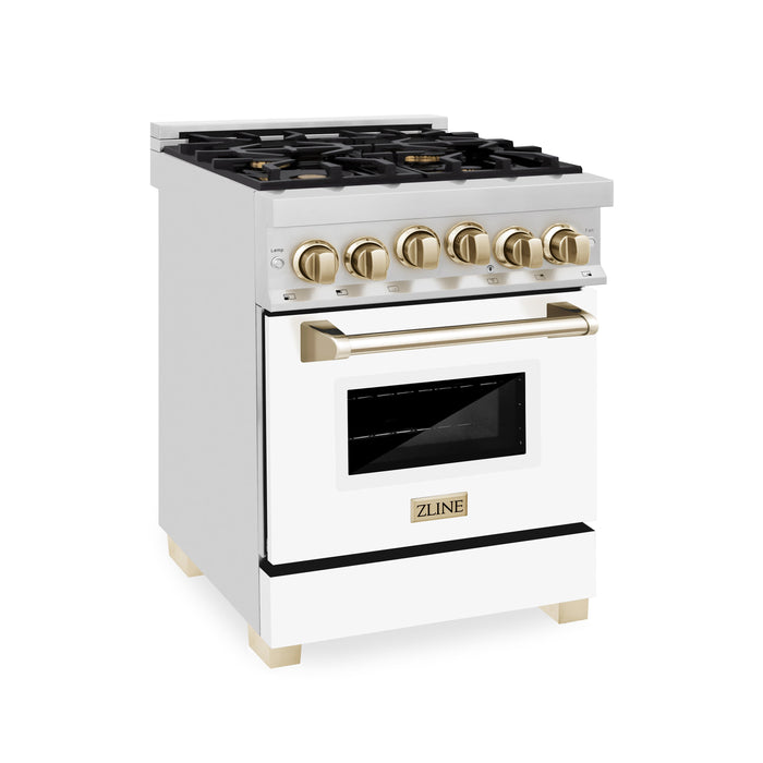 ZLINE Autograph Edition 24 in. 2.8 cu. ft. Range with Gas Stove and Gas Oven in Stainless Steel with White Matte Door and Polished Gold Accents (RGZ-WM-24-G)