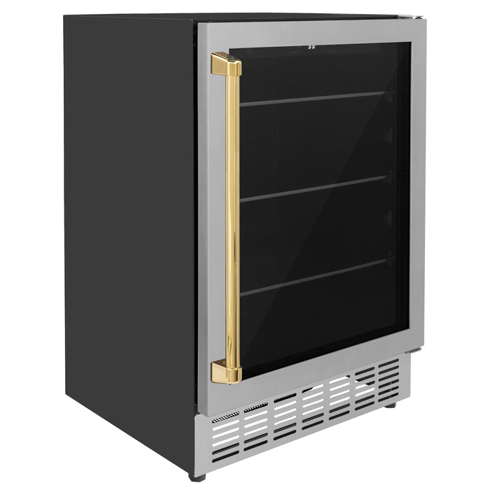 ZLINE 24 in. Monument Autograph Edition 154 Can Beverage Fridge in Stainless Steel with Polished Gold Accents (RBVZ-US-24-G)