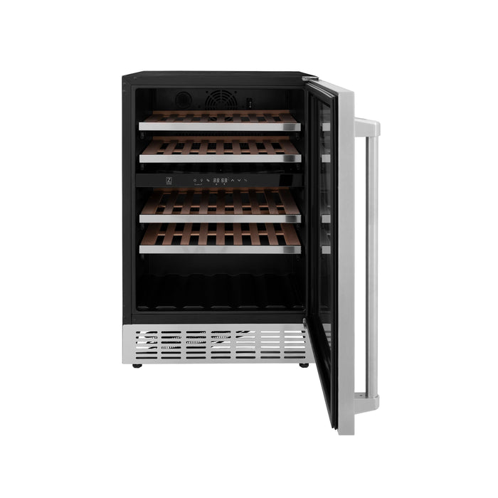 ZLINE 24 In. Monument Dual Zone 44-Bottle Wine Cooler in Stainless Steel with Wood Shelf (RWV-UD-24)