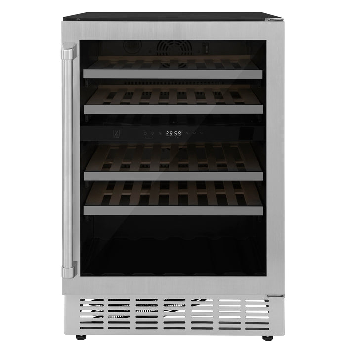 ZLINE 24 In. Monument Dual Zone 44-Bottle Wine Cooler in Stainless Steel with Wood Shelf (RWV-UD-24)