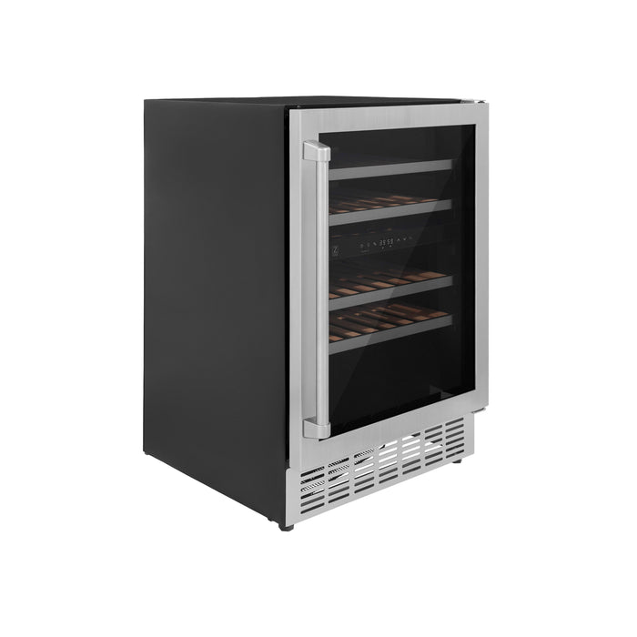 ZLINE 24 In. Monument Dual Zone 44-Bottle Wine Cooler in Stainless Steel with Wood Shelf (RWV-UD-24)