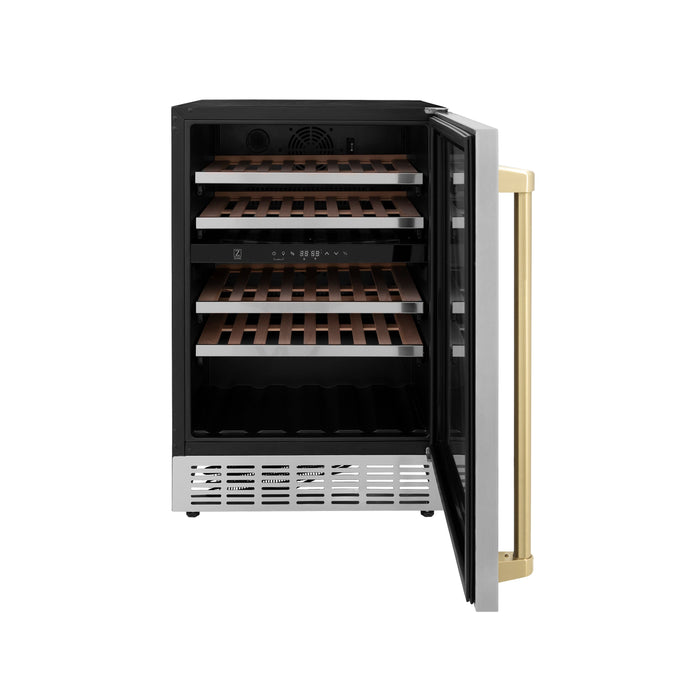 ZLINE 24 in. Monument Autograph Edition Dual Zone 44-Bottle Wine Cooler in Stainless Steel with Champagne Bronze Accents (RWVZ-UD-24-CB)