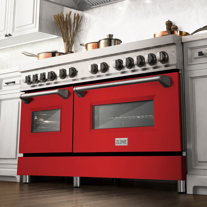 ZLINE 60 in. 7.4 cu. ft. Dual Fuel Range with Gas Stove and Electric Oven in Stainless Steel with Red Matte Door (RA-RM-60)