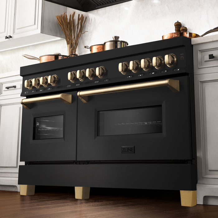 ZLINE Autograph Edition 60 in. 7.4 cu. ft. Dual Fuel Range with Gas Stove and Electric Oven in Black Stainless Steel with Polished Gold Accents (RABZ-60-G)