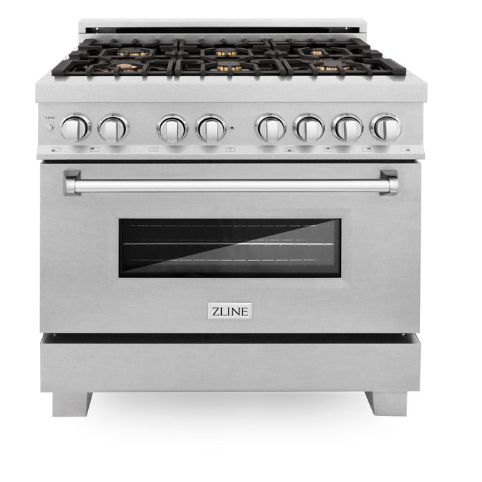 ZLINE 36 in. Professional Dual Fuel Range in Fingerprint Resistant Stainless Steel with Brass Burners and Reversible Griddle (RAS-SN-BR-GR-36)