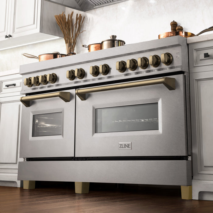 ZLINE Autograph Edition 60 in. 7.4 cu. ft. Dual Fuel Range with Gas Stove and Electric Oven in DuraSnow Stainless Steel with Champagne Bronze Accents (RASZ-SN-60-CB)