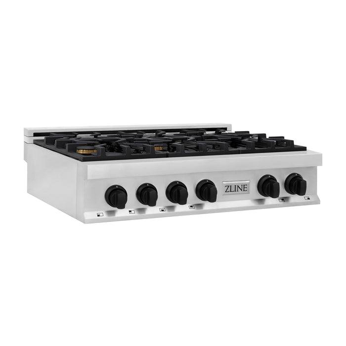 ZLINE Autograph Edition 36 in. Porcelain Rangetop with 6 Gas Burners in Stainless Steel with Matte Black Accents (RTZ-36-MB)