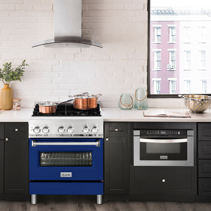 ZLINE 30 in. 4.0 cu. ft. Dual Fuel Range with Gas Stove and Electric Oven in Stainless Steel with Blue Gloss Door (RA-BG-30)