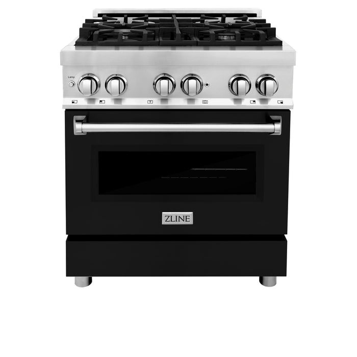 ZLINE 30 in. Kitchen Package with Stainless Steel Dual Fuel Range with Black Matte Door and Convertible Vent Range Hood (2KP-RABLMRH30)