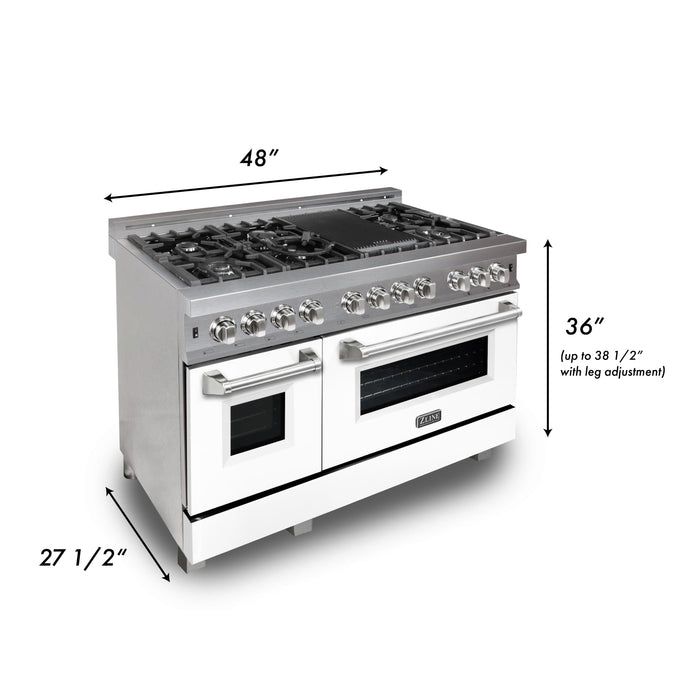 ZLINE 48 in. Kitchen Package with DuraSnow Stainless Steel Dual Fuel Range with White Matte Door and Convertible Vent Range Hood (2KP-RASWMRH48)