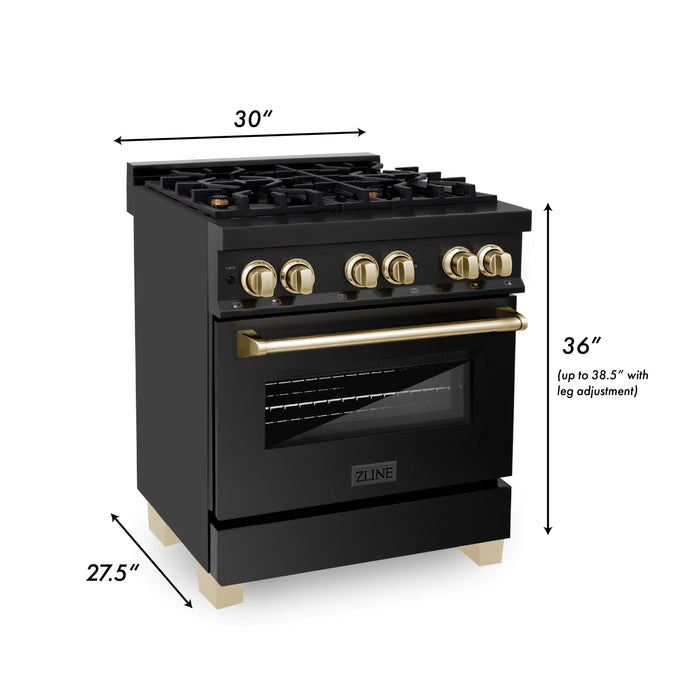 ZLINE 30" Autograph Edition Kitchen Package with Black Stainless Steel Dual Fuel Range and Range Hood with Polished Gold Accents (2AKP-RABRH30-G)