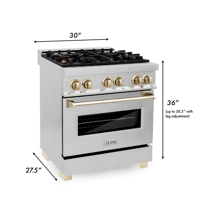 ZLINE Autograph Edition 30 in. 4.0 cu. ft. Dual Fuel Range with Gas Stove and Electric Oven in Stainless Steel with Polished Gold Accents (RAZ-30-G)