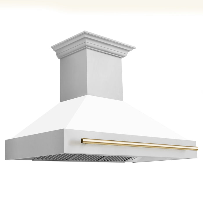 ZLINE 48 in. Autograph Edition Kitchen Package with Stainless Steel Dual Fuel Range with White Matte Door and Range Hood with Polished Gold Accents (2AKP-RAWMRH48-G)