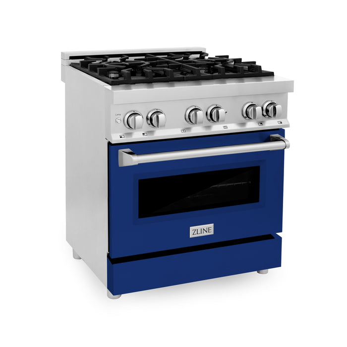 ZLINE 30 in. 4.0 cu. ft. Dual Fuel Range with Gas Stove and Electric Oven in Stainless Steel with Blue Gloss Door (RA-BG-30)