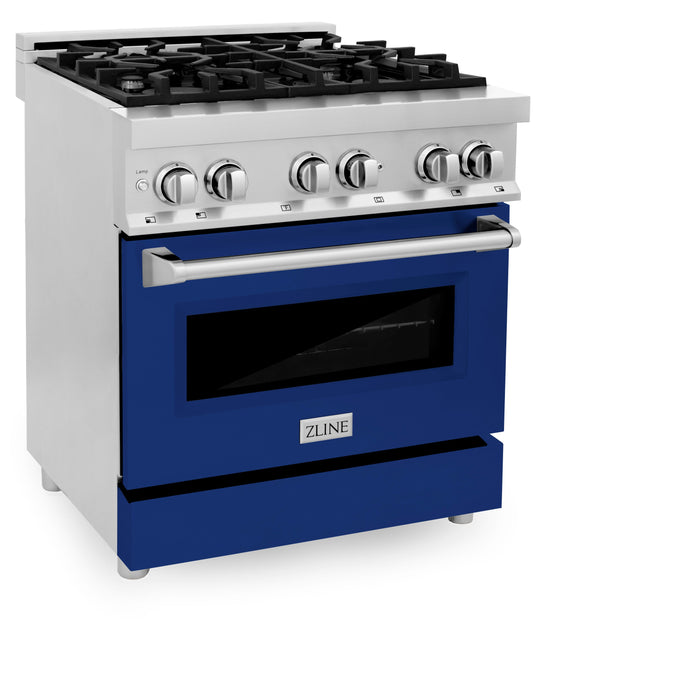 ZLINE 30 in. 4.0 cu. ft. Dual Fuel Range with Gas Stove and Electric Oven in Stainless Steel with Blue Gloss Door (RA-BG-30)