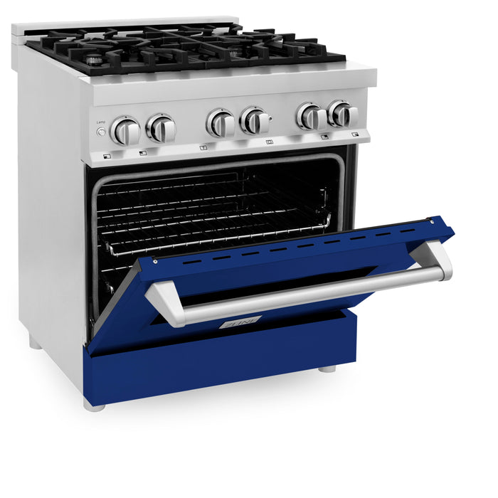 ZLINE 30 in. 4.0 cu. ft. Dual Fuel Range with Gas Stove and Electric Oven in Stainless Steel with Blue Gloss Door (RA-BG-30)