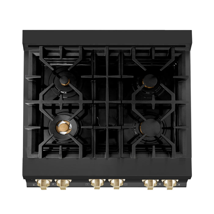 ZLINE Autograph Edition 30 in. 4.0 cu. ft. Dual Fuel Range with Gas Stove and Electric Oven in Black Stainless Steel with Polished Gold Accents (RABZ-30-G)