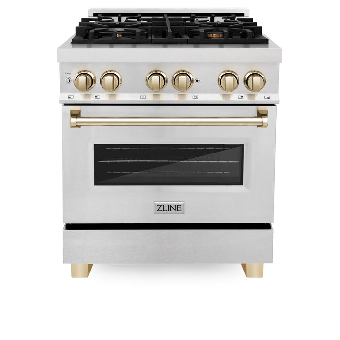 ZLINE Autograph Edition 30 in. 4.0 cu. ft. Dual Fuel Range with Gas Stove and Electric Oven in Fingerprint Resistant Stainless Steel with Polished Gold Accents (RASZ-SN-30-G)