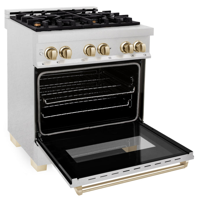 ZLINE Autograph Edition 30 in. 4.0 cu. ft. Dual Fuel Range with Gas Stove and Electric Oven in Fingerprint Resistant Stainless Steel with Polished Gold Accents (RASZ-SN-30-G)