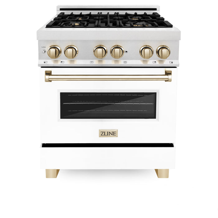 ZLINE Autograph Edition 30 in. 4.0 cu. ft. Dual Fuel Range with Gas Stove and Electric Oven in Fingerprint Resistant Stainless Steel with White Matte Door and Polished Gold Accents (RASZ-WM-30-G)