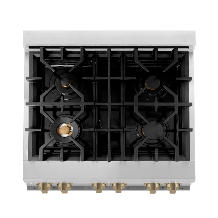 ZLINE 30 in. Autograph Edition Kitchen Package with Stainless Steel Dual Fuel Range and Range Hood with Champagne Bronze Accents (2AKP-RARH30-CB)