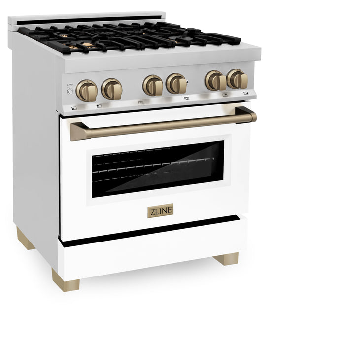 ZLINE Autograph Edition 30 in. 4.0 cu. ft. Dual Fuel Range with Gas Stove and Electric Oven in Stainless Steel with White Matte Door and Champagne Bronze Accents (RAZ-WM-30-CB)