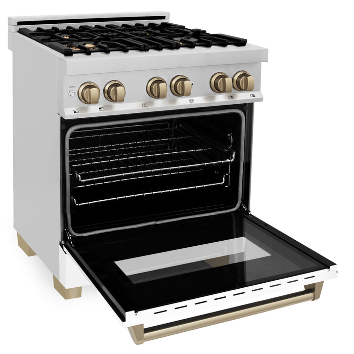 ZLINE Autograph Edition 30 in. 4.0 cu. ft. Dual Fuel Range with Gas Stove and Electric Oven in Stainless Steel with White Matte Door and Champagne Bronze Accents (RAZ-WM-30-CB)