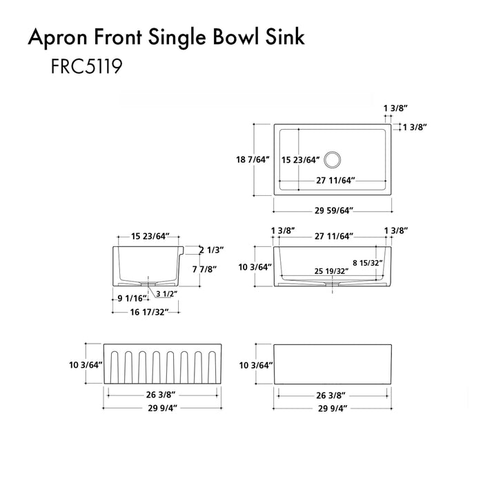 ZLINE 30 in. Venice Farmhouse Apron Front Reversible Single Bowl Fireclay Kitchen Sink with Bottom Grid (FRC5119)