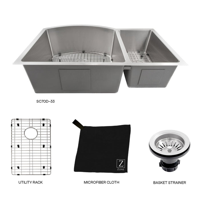 ZLINE 33 in. Cortina Undermount Double Bowl Kitchen Sink with Bottom Grid (SC70D)